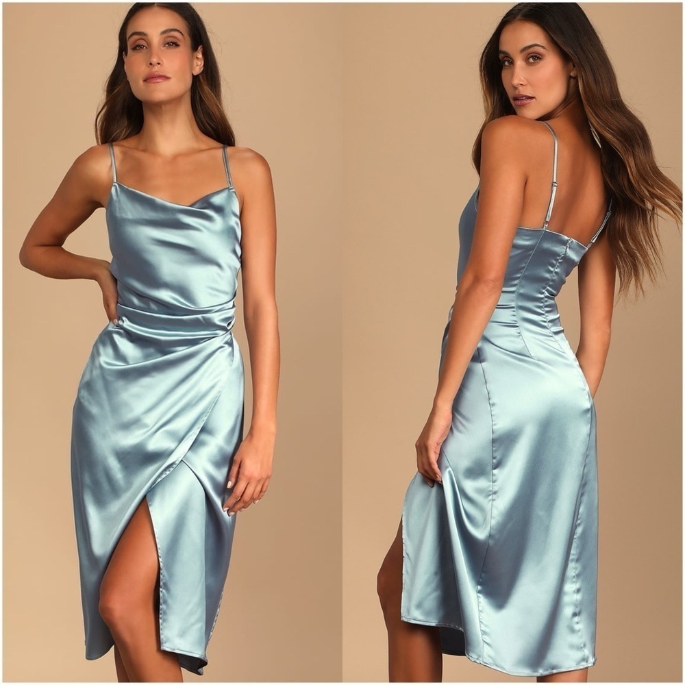 LULU’S Hollywood Woman Dusty Blue Satin Midi Dress